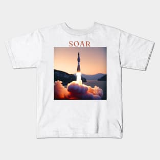 "Solar Soar - Majestic Rocket Launch Tee, Sunset Horizon Design, Vibrant Red, Orange, and White T-shirt, Inspirational 'Soar' Motif, Aesthetic Space Exploration Shirt" Kids T-Shirt